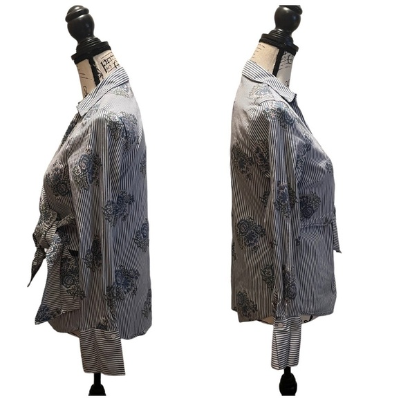 ZARA Woman Striped Floral Wrap Tie Shirt Blue White size Medium Casual button up - Picture 4 of 11